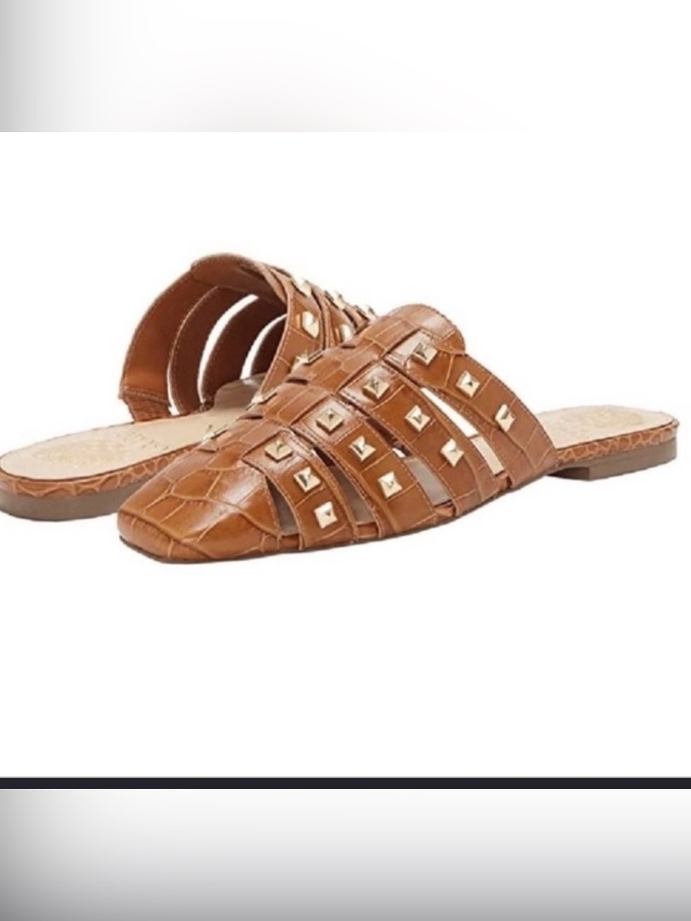 Vince Camuto Cognac Braided Leather Slide Mules with Gold Studs